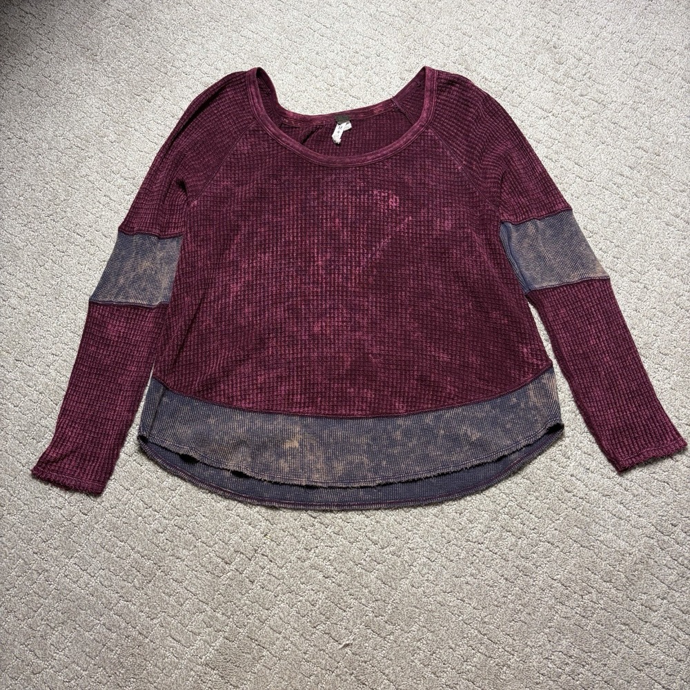 Free People Womens Diamond Dozen Thermal Top Acid Wash Grunge Boho Size M